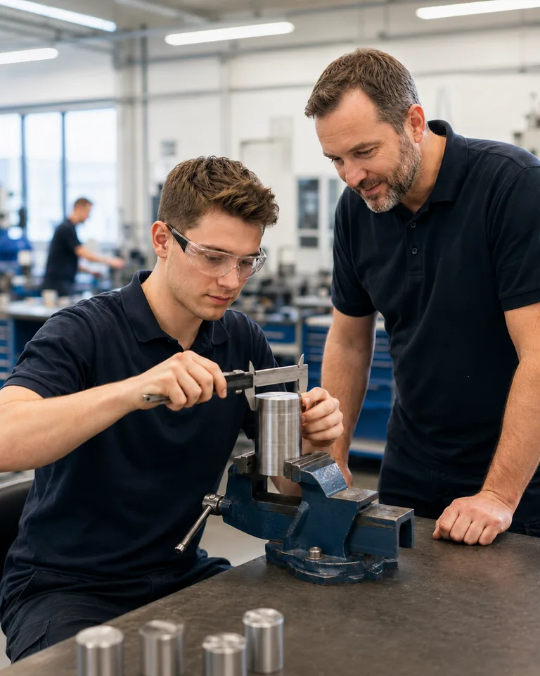 Auszubildender misst unter Anleitung ein Werkstück mit einem Messschieber in einer technischen Werkstatt