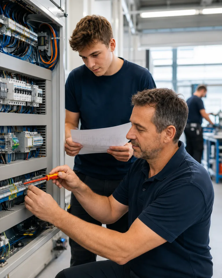 Elektroniker und erfahrener Kollege arbeiten gemeinsam an einem geöffneten Schaltschrank in einer Werkstatt