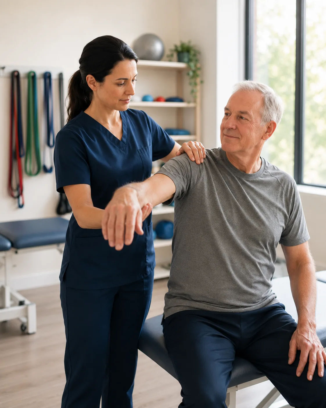 Physiotherapeutin begleitet einen älteren Patienten bei einer Schulterübung in einer hellen Praxis