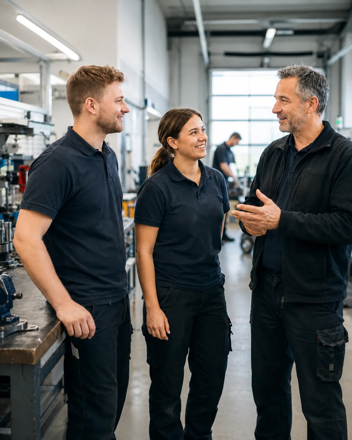 Drei Mitarbeitende im Gespräch in einer technischen Werkstatt